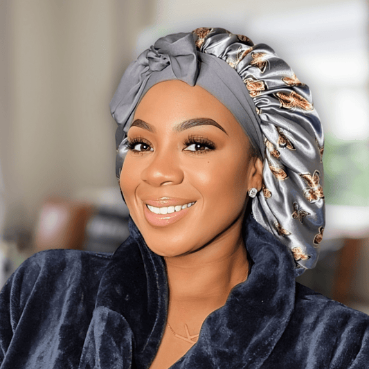 Handmade Satin - Lined Stretch Tie Satin Bonnet in the Color Gray Butterflies - Satin Hair Protection for All Hair Types and Textures - PHC