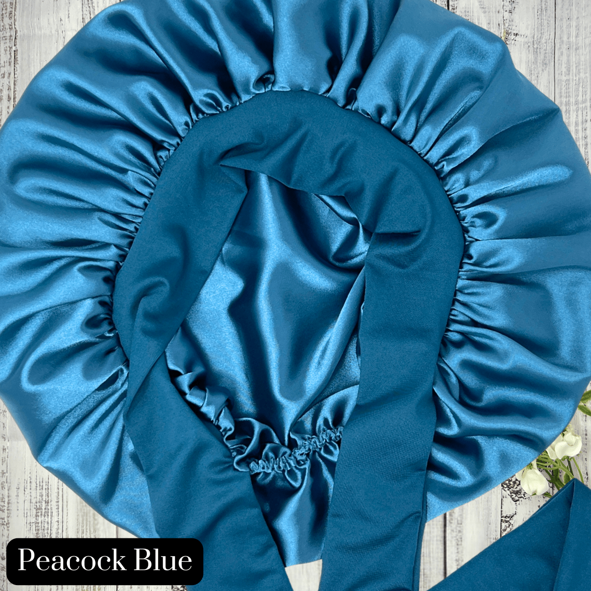 Handmade Satin - Lined Stretch Tie Satin Bonnet in the Color Peacock Blue - Satin Hair Protection for All Hair Types and Textures - PHC