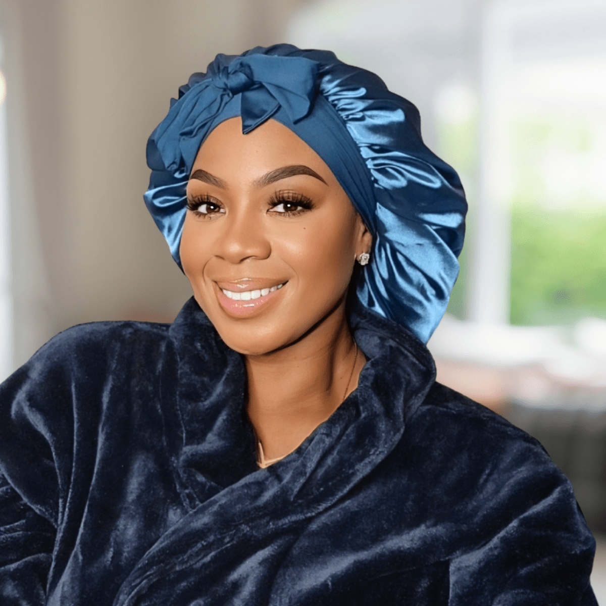 Handmade Satin - Lined Stretch Tie Satin Bonnet in the Color Peacock Blue - Satin Hair Protection for All Hair Types and Textures - PHC