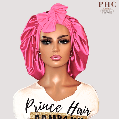 Hot Pink Satin - Lined Stretch Tie Bonnet - PHC