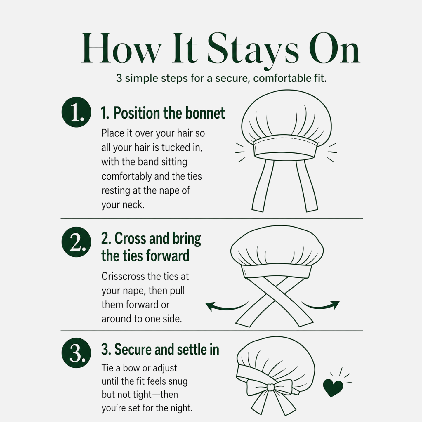 Instructions on how to position a bonnet for a secure and comfortable fit with illustrations and text.
