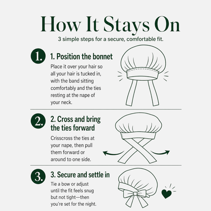 Instructions on how to position a bonnet for a secure and comfortable fit with illustrations and text.