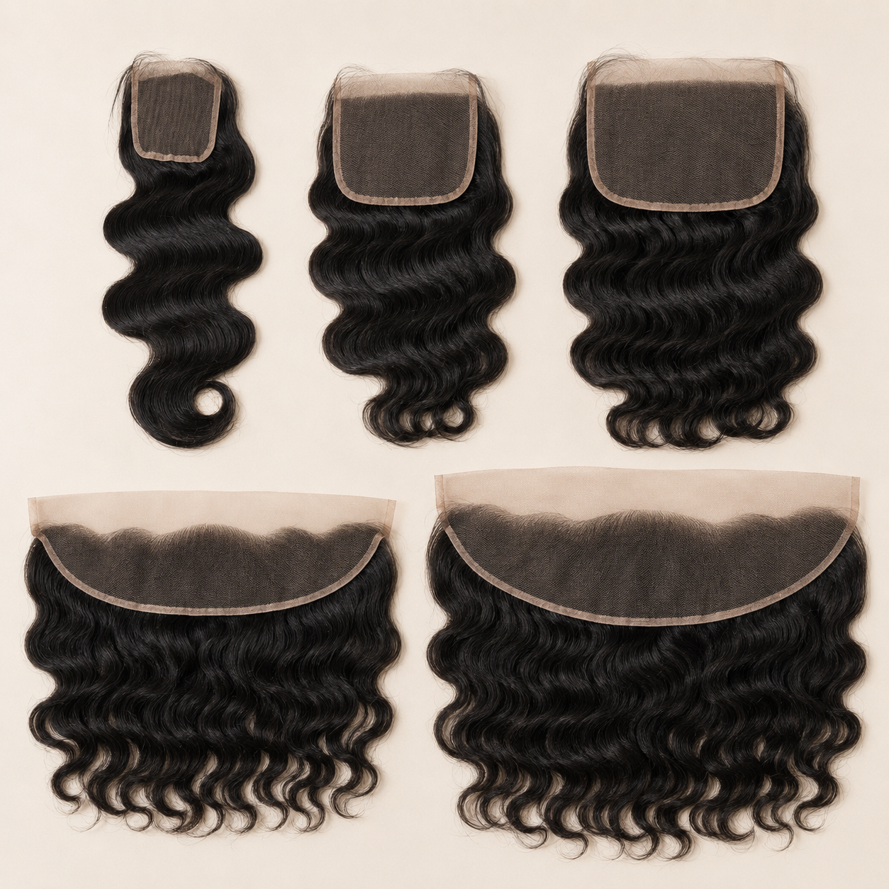 Human hair lace closures and frontals in 2x6, 4x4, 5x5, 13x4 and 13x6 sizes
