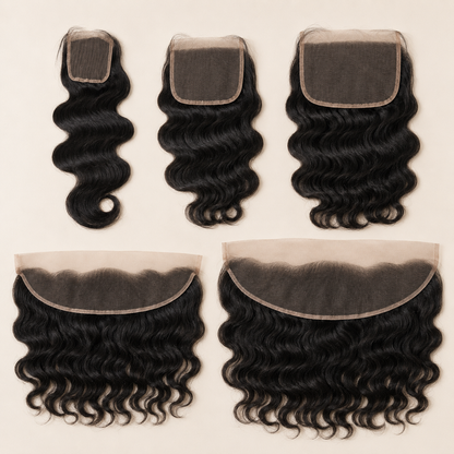Human hair lace closures and frontals in 2x6, 4x4, 5x5, 13x4 and 13x6 sizes