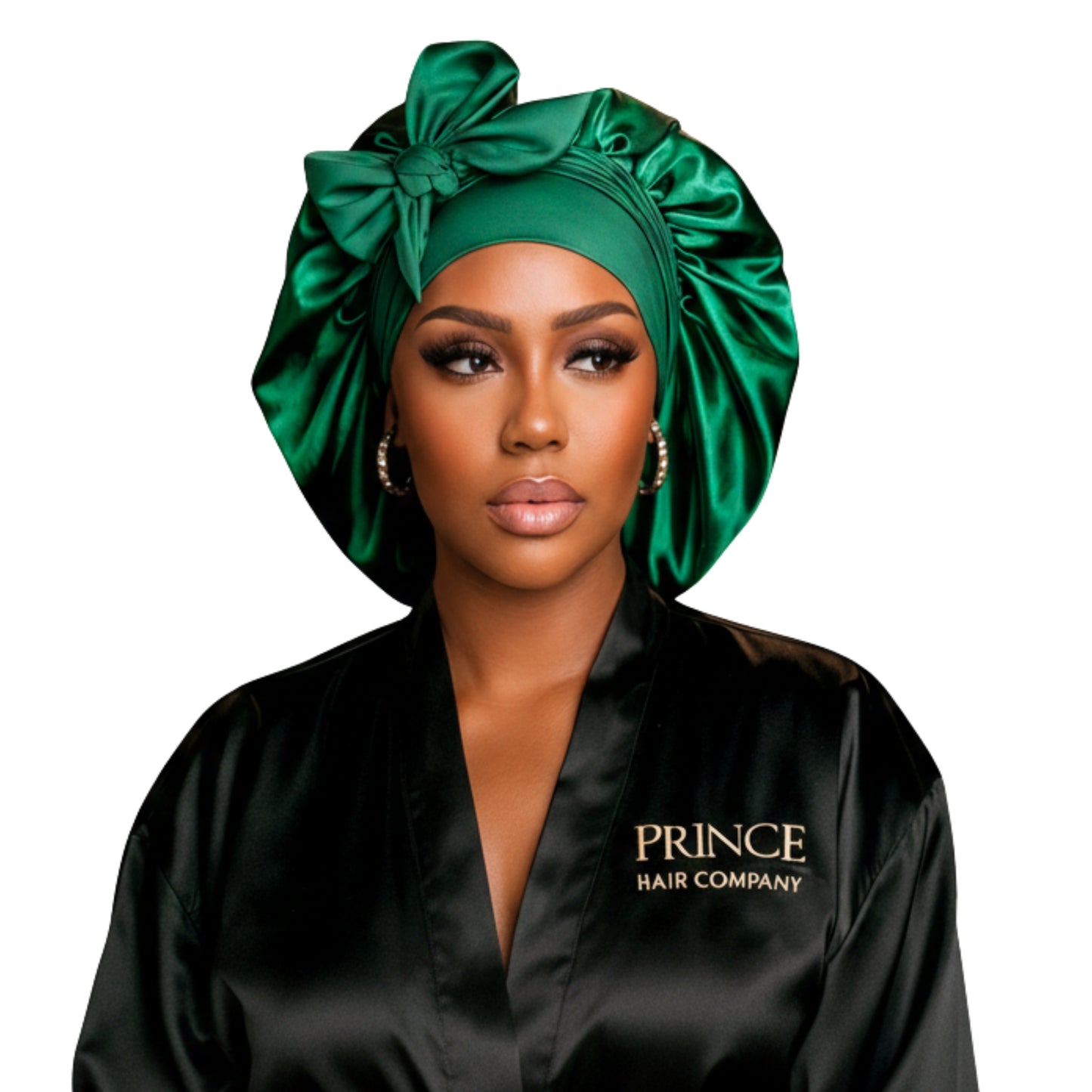 Woman wearing a large jumbo hunter green stretch tie satin lined hair bonnet by prince hair company on a white background.