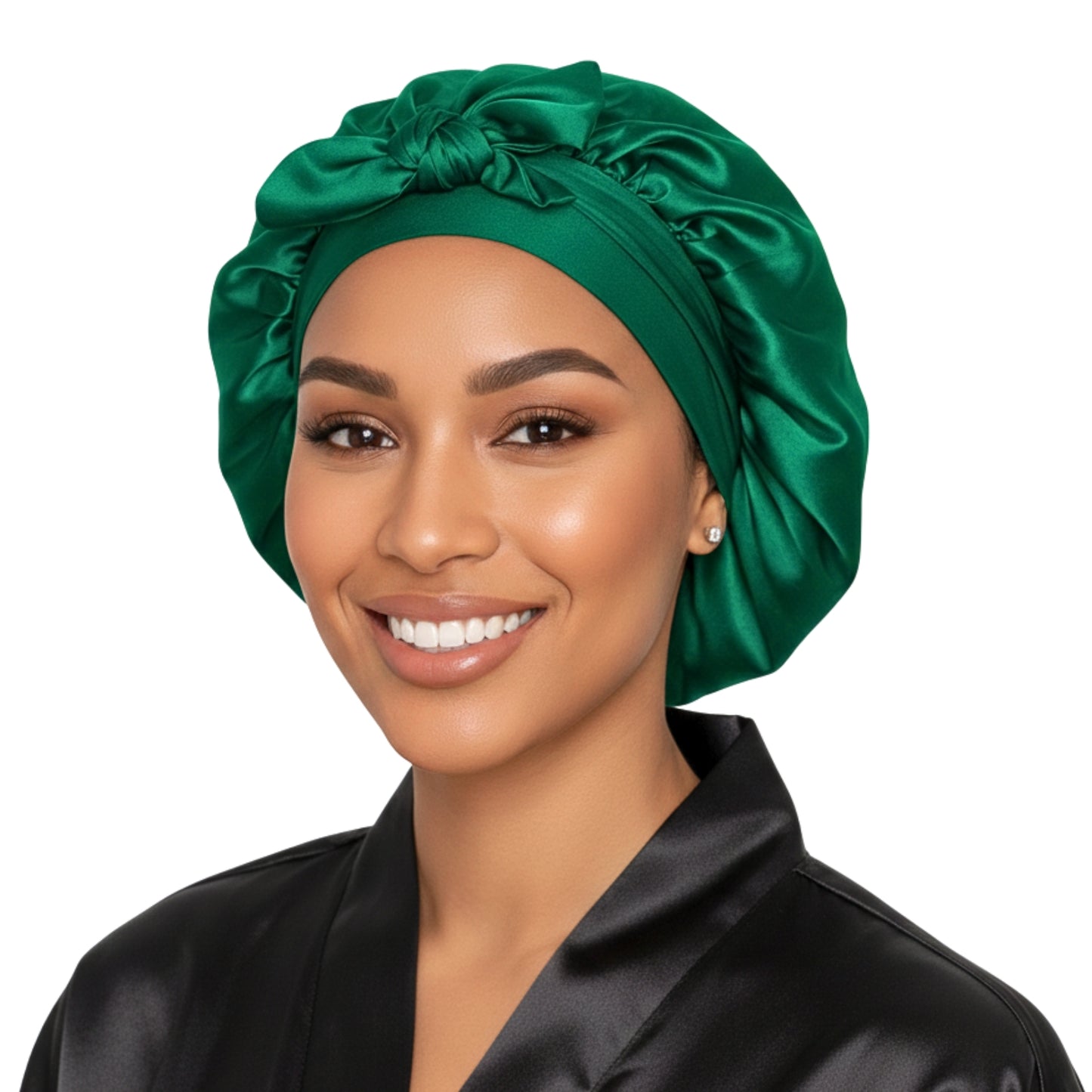 Woman wearing a small hunter green stretch tie satin lined hair bonnet by prince hair company on a white background.