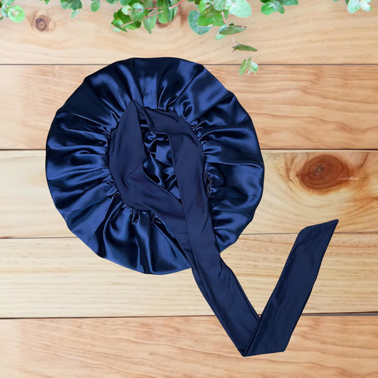 Navy Blue Adjustable Stretch Tie Satin Lined Hair Bonnet for Long Thick Curly Hair for All Hair Types and Textures