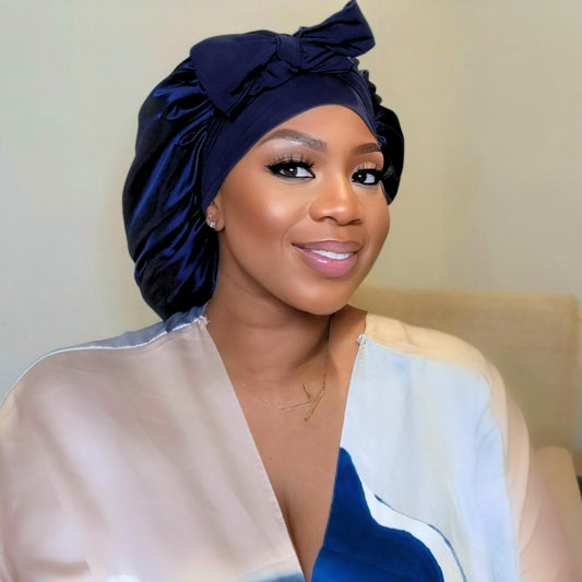 Navy Blue Adjustable Stretch Tie Satin Lined Hair Bonnet for Long Thick Curly Hair for All Hair Types and Textures