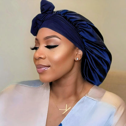 Navy Blue Adjustable Stretch Tie Satin Lined Hair Bonnet for Long Thick Curly Hair for All Hair Types and Textures