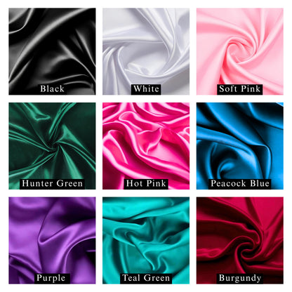 Prince Hair Company Satin Fabric Bonnet Swatches in Black, White, Soft Pink. Hunter Green, Hot Pink, Peacock Blue, Purple, Teal Green, Burgundy.