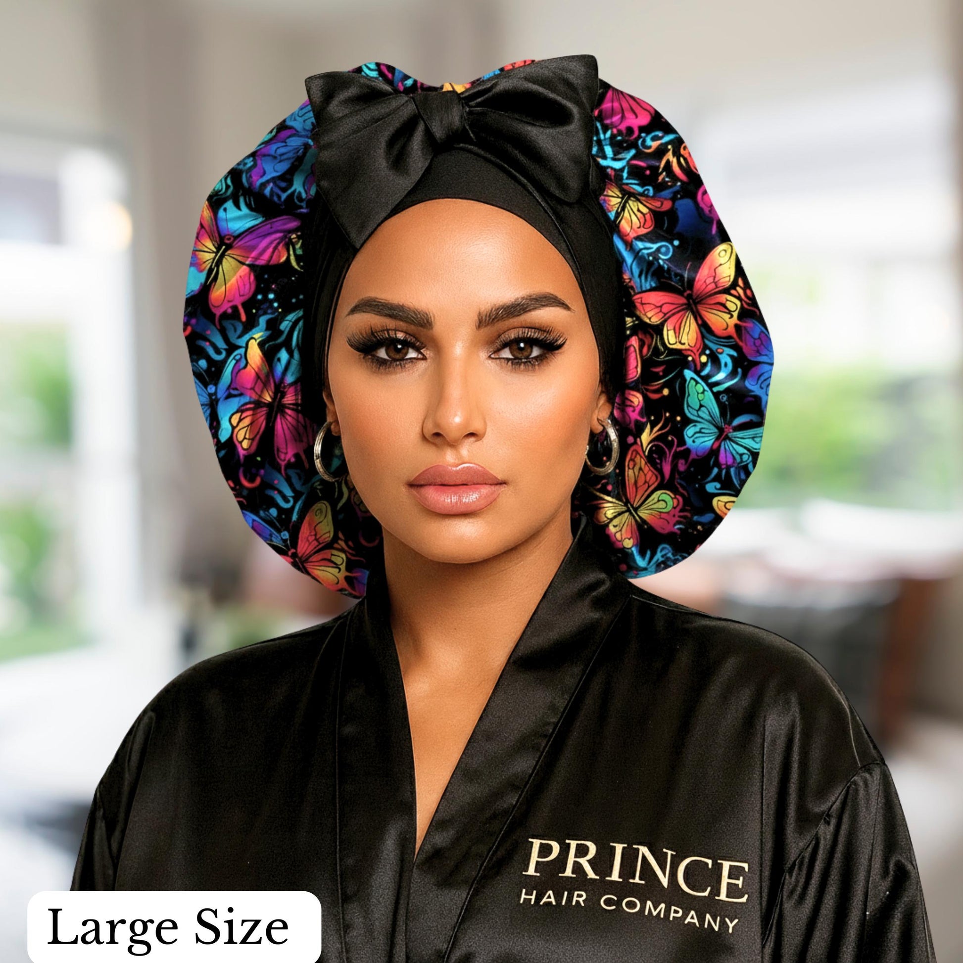A woman wearing a colorful butterfly-patterned satin hair bonnet and a black satin robe embroidered with “Prince Hair Company” in gold lettering. The soft indoor lighting highlights the bonnet’s silky texture and the brand’s luxury aesthetic. This handmade charmeuse satin bonnet is designed to protect natural, curly, and textured hair while offering a stylish, high-quality look from Prince Hair Company.