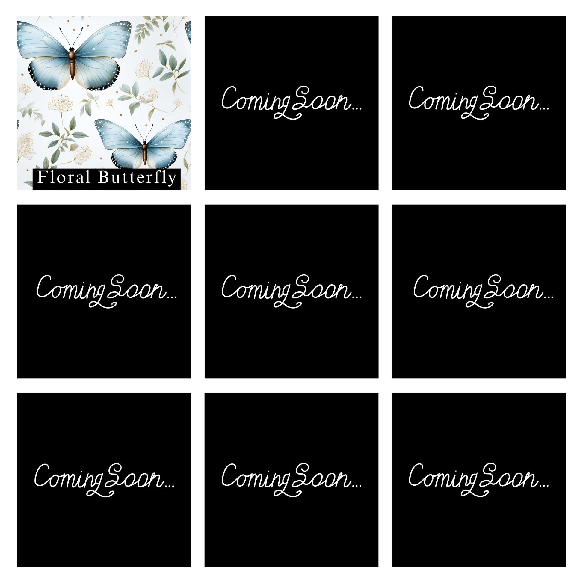 A grid image showing one satin fabric swatch labeled “Floral Butterfly,” featuring soft blue butterflies on a light floral background. The remaining eight squares are black with the words “Coming Soon…” written in white script, indicating additional fabric designs that will be revealed later.