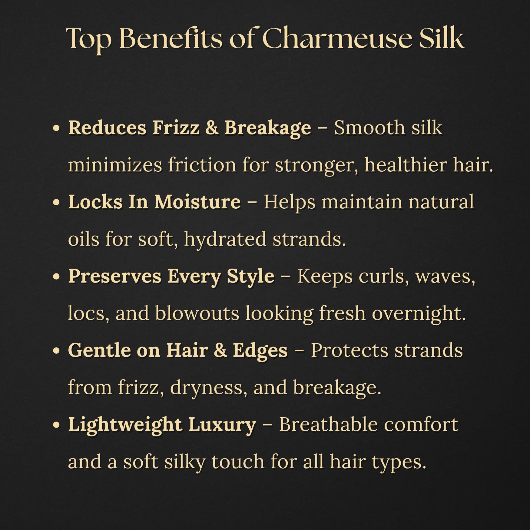 Infographic explaining what Charmeuse silk is in simple terms for everyday consumers. It describes that Charmeuse silk is a luxurious, lightweight fabric woven with a satin weave that gives it a glossy front and a soft matte back. The visual compares