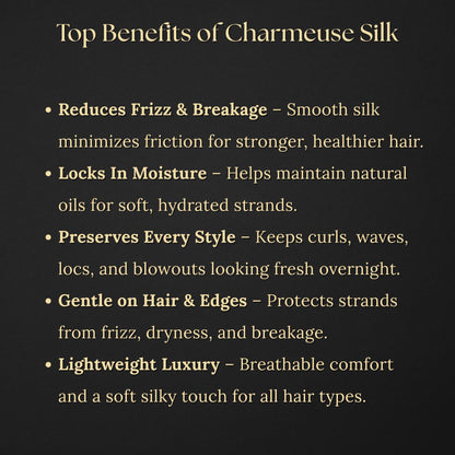 Infographic explaining what Charmeuse silk is in simple terms for everyday consumers. It describes that Charmeuse silk is a luxurious, lightweight fabric woven with a satin weave that gives it a glossy front and a soft matte back. The visual compares