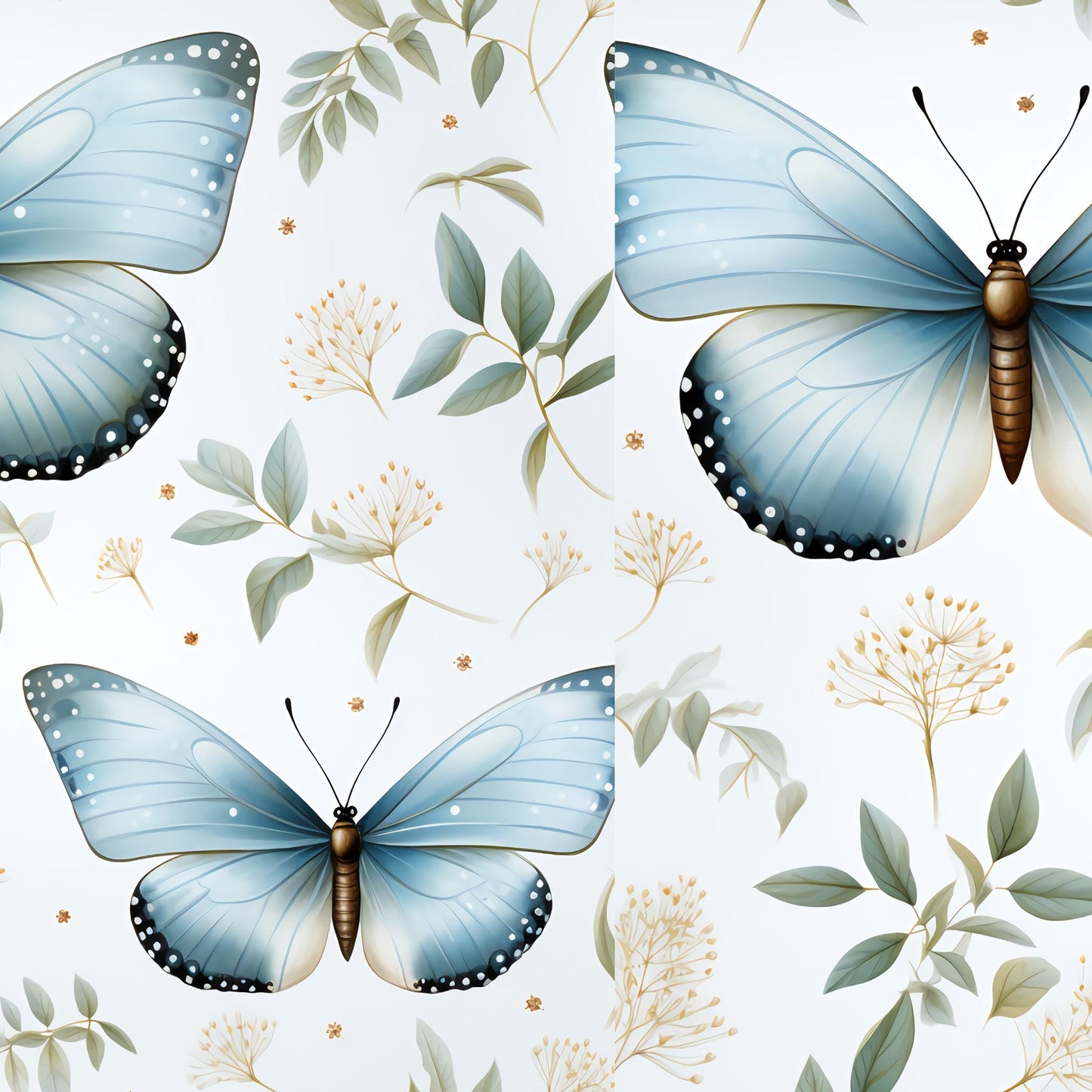 Pattern featuring delicate blue butterflies and green leaves on a light, neutral background. The soft botanical and butterfly print has a calming, elegant aesthetic, perfect for fabric design, silk bonnets, or home décor. This floral butterfly pattern blends nature-inspired beauty with subtle luxury, ideal for handmade charmeuse satin accessories by Prince Hair Company.