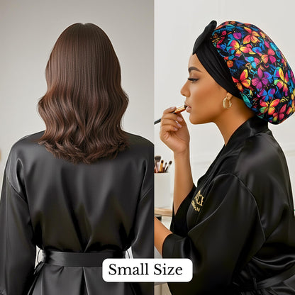 Split image showing a woman applying makeup while wearing a colorful butterfly-patterned Charmeuse silk satin hair bonnet and black robe beside the back view of a European woman with slightly wavy, shoulder-length brown hair. The combined image is labeled “Small Size,” illustrating the fit and coverage of the handmade Prince Hair Company satin bonnet for short to mid-length hair types.