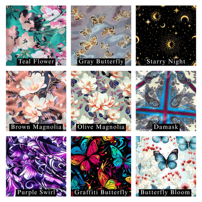 A flat lay of Prince Hair Company satin fabric hair bonnet swatches displayed in a grid. The collection includes Teal Flowers, Gray Butterfly, Starry Night, Brown Magnolia, Olive Magnolia, Damask Blue, Purple Swirl, Graffiti Butterfly, and Butterfly Bloom prints, each showcasing rich color, smooth texture, and elegant charmeuse satin shine.