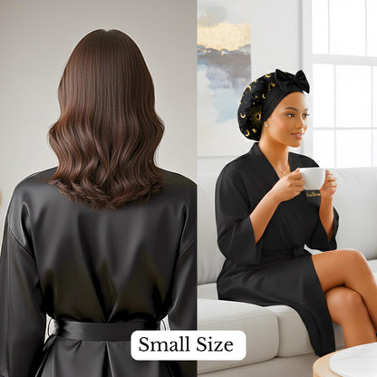 side by side image of a woman wearing a small size Handmade Charmeuse Silk Satin Sleep Bonnet in a Celestial Starry Night Cosmic Print with adjustable stretch ties, and the backside of a Caucasian women with shoulder length hair. The hair bonnet features a double-layer satin design that protects hair from frizz and breakage while locking in moisture. Unisex silk bonnet made in the USA by Prince Hair Company.