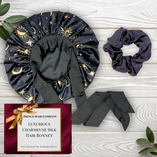 Gift Wrapped Silk Satin Sleep Bonnet & Scrunchie Set | Charmeuse Print | Adjustable Stretch Tie | Handmade in USA