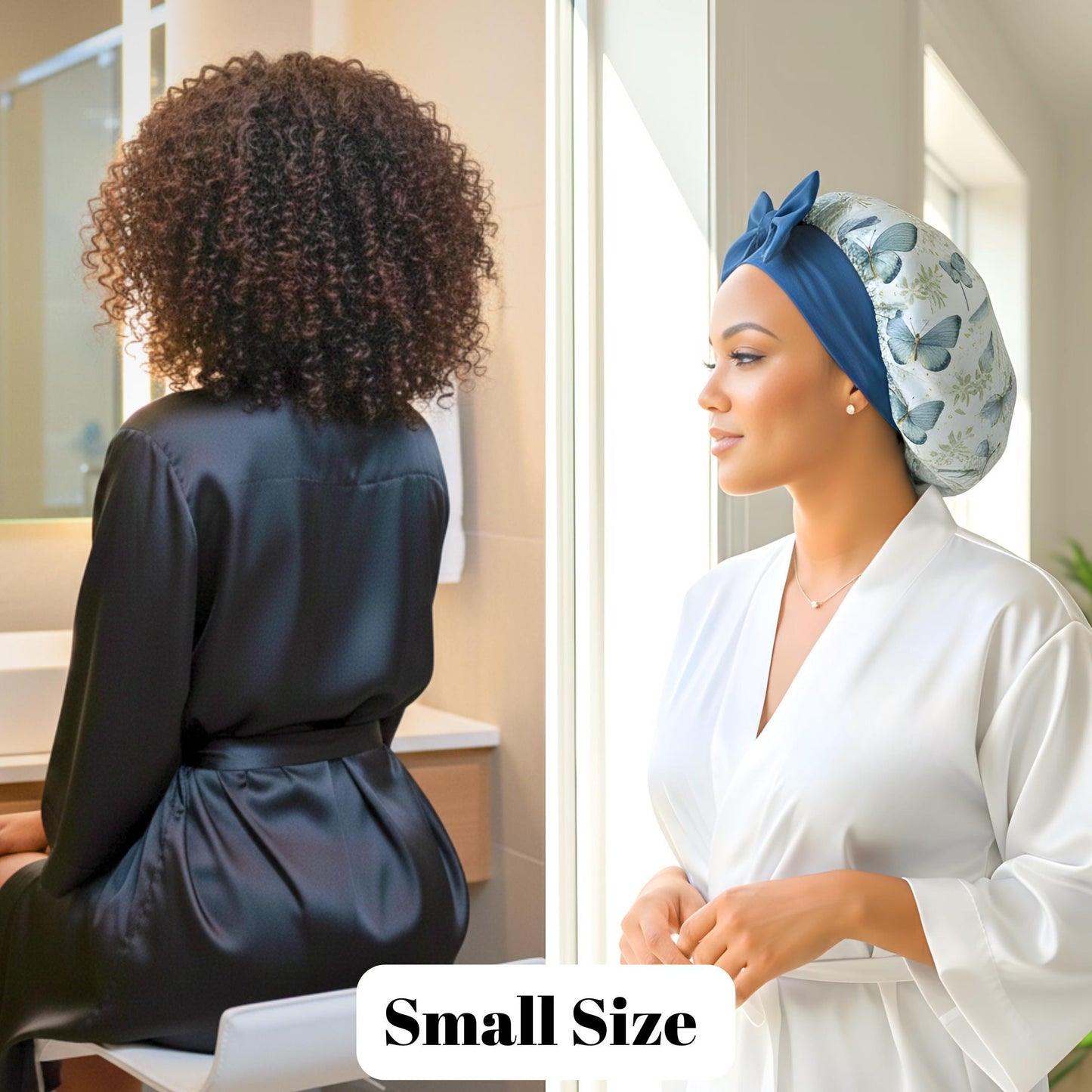 Side-by-side image featuring a woman wearing a small charmeuse silk satin hair bonnet with a floral butterfly design, in a softly lit modern setting, next to another woman photographed from behind with shoulder length full curly hair. The comparison
