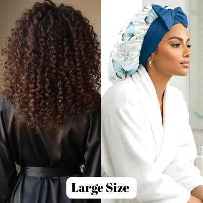 Side-by-side image featuring a woman wearing a large charmeuse silk satin hair bonnet with a floral butterfly design, in a softly lit modern setting, next to another woman photographed from behind with mid-back length full curly hair. The comparison