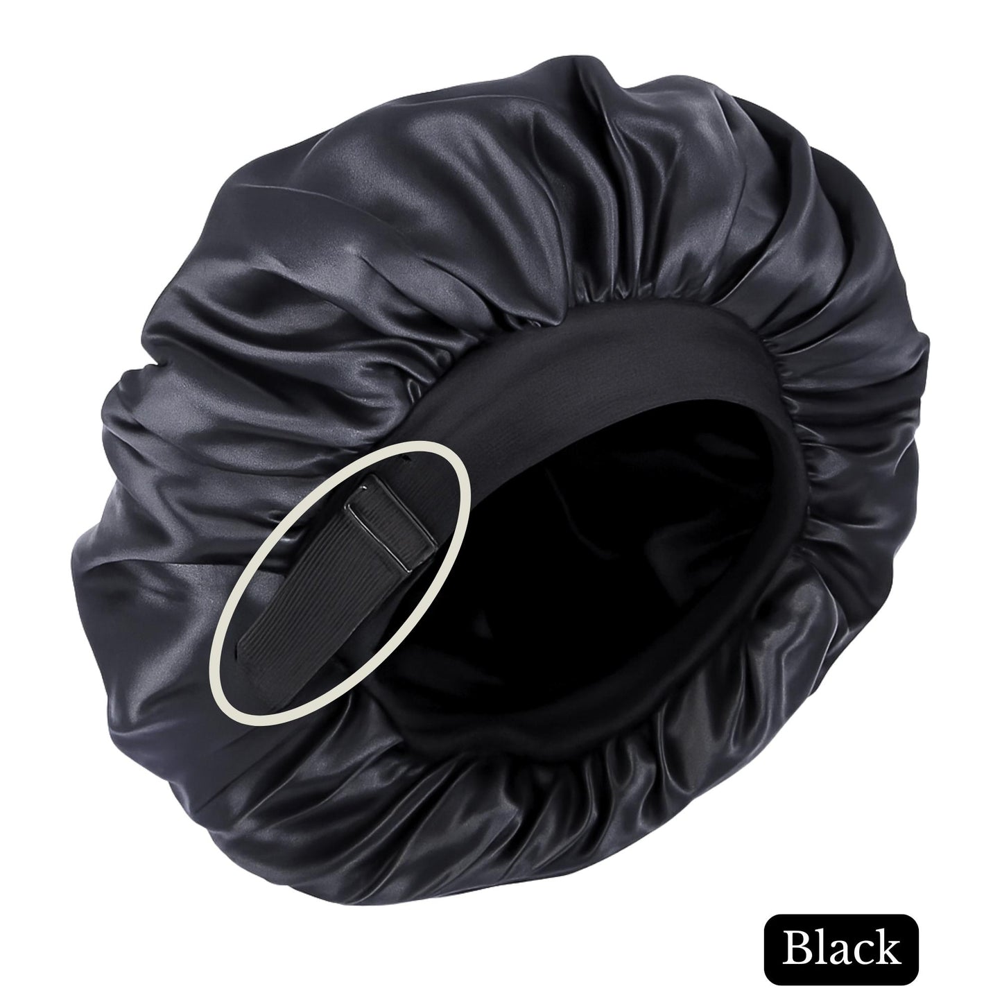 Charmeuse Silk Satin Hair Bonnet in Black for men with a non slip elastic pull on a white background