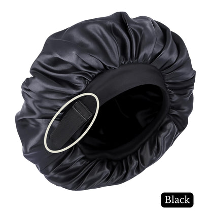 Charmeuse Silk Satin Hair Bonnet in Black for men with a non slip elastic pull on a white background