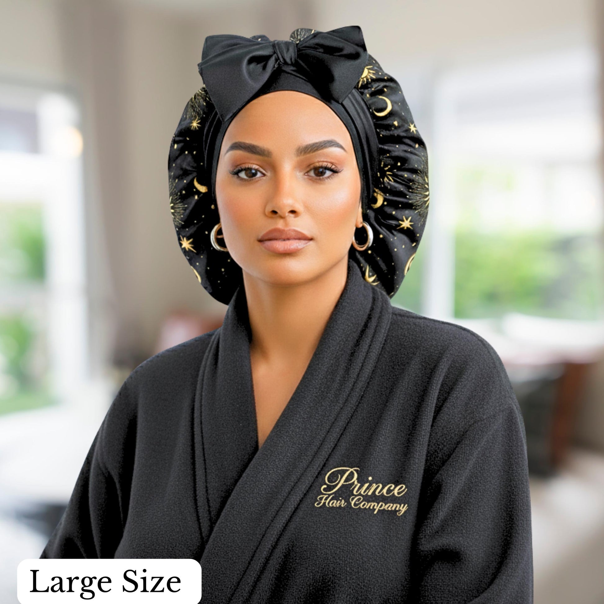 Biracial woman wearing a large Handmade Charmeuse Silk Satin Sleep Bonnet in a Celestial Starry Night Cosmic Print with adjustable stretch ties and a fluffy black robe with "Prince Hair Company" inscribed on it. Features a double-layer satin design that protects hair from frizz and breakage while locking in moisture. Unisex silk bonnet made in the USA by Prince Hair Company.