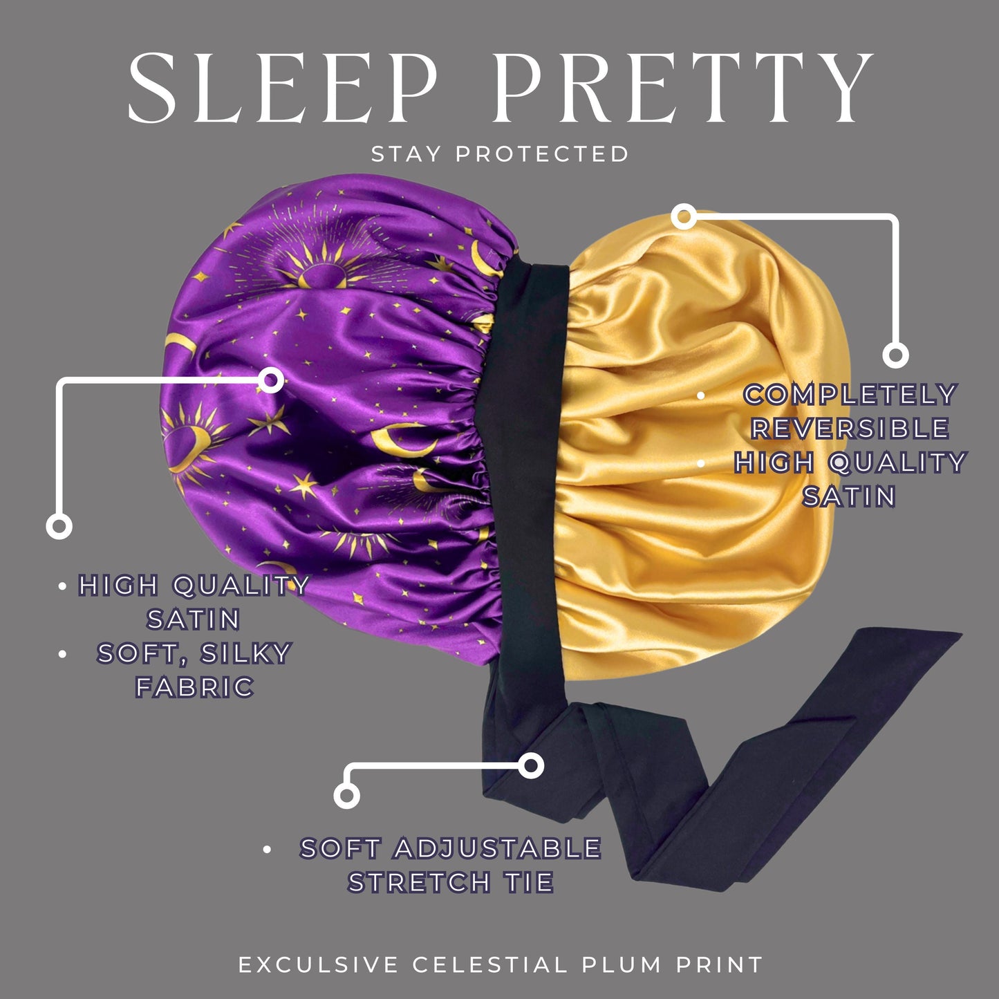 The Celestial Plum bonnet reversed to show the solid gold satin side with contrasting black ties.