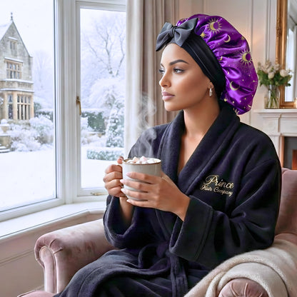 Satin Bonnet with Adjustable Stretch Ties, Reversible Celestial Sun & Moon, Sleep Cap for All Hair Types