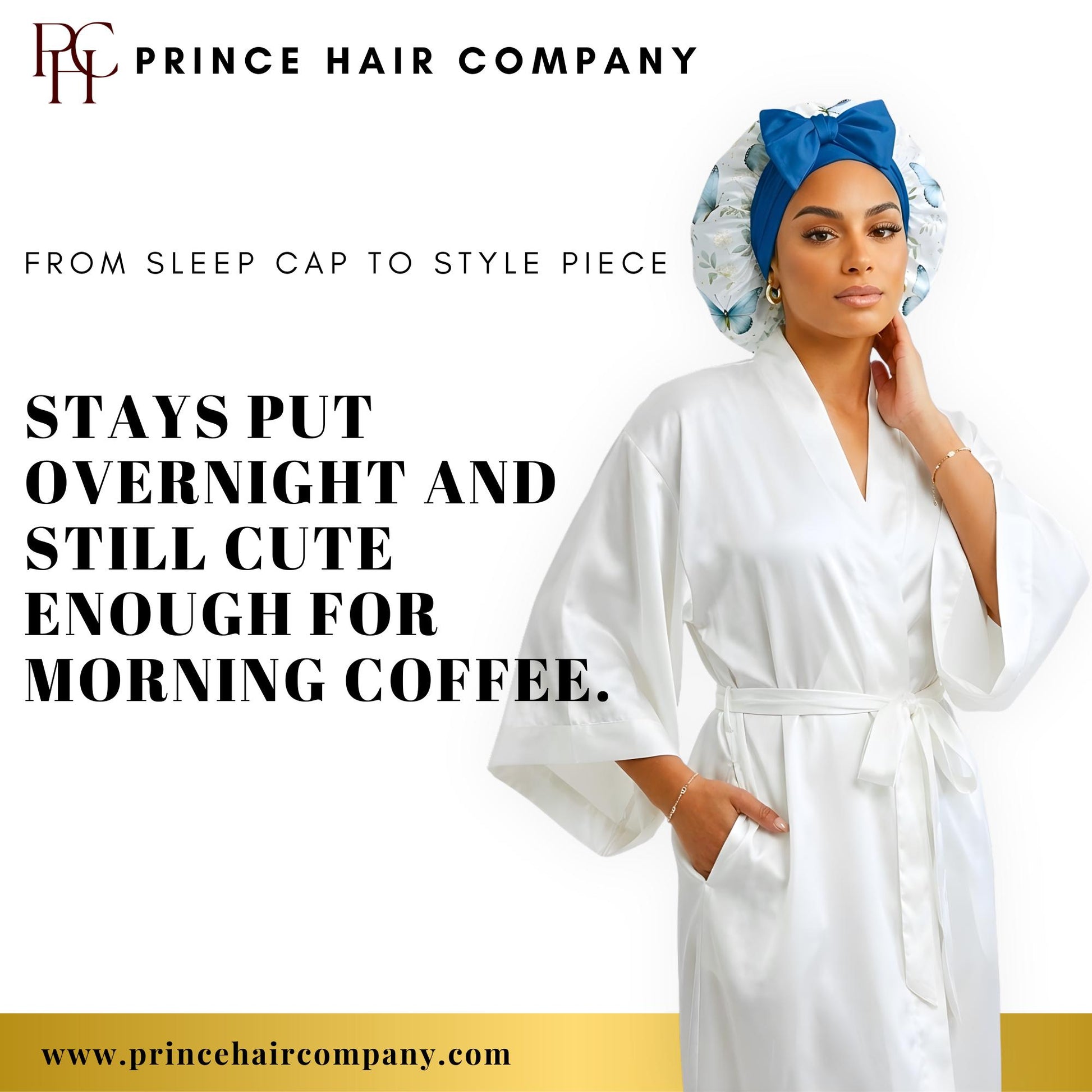 Lifestyle graphic of model in butterfly bonnet and robe with text "From Sleep Cap to Style Piece: Stays Put Overnight and Still Cute.