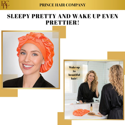 "Sleepy Pretty" graphic showing model wearing neon orange bonnet and the resulting frizz-free curly hair in the morning.