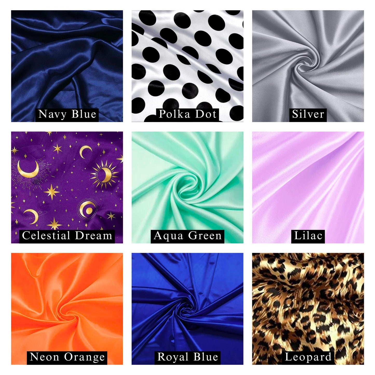 Satin fabric color chart showing 9 options including Navy Blue, Polka Dot, Silver, Celestial Dream purple, Aqua Green, and Leopard print.