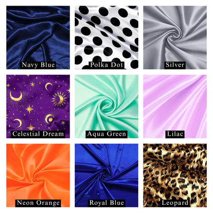 Satin fabric color chart showing 9 options including Navy Blue, Polka Dot, Silver, Celestial Dream purple, Aqua Green, and Leopard print.