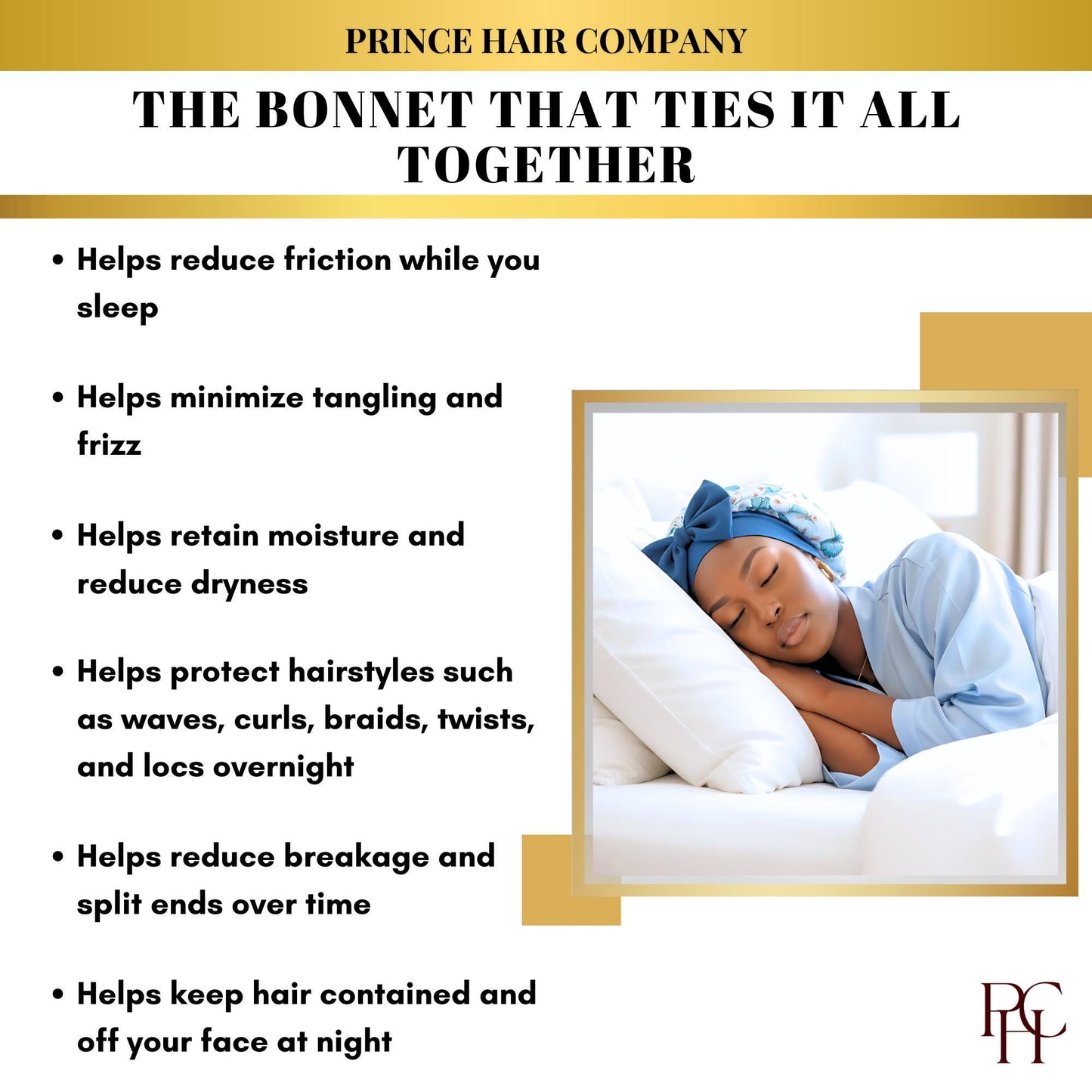 infographic for Prince Hair Company bonnet with text and image of a person sleeping with a bonnet on.