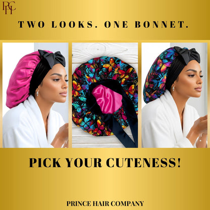 Two women demonstrating the reversible bonnet feature. One woman is wearing the bonnet on the hot pink side, while the other is wearing the bonnet on the colorful graffiti butterfly side, with text 'Two Looks. One Bonnet.' and 'Pick Your Cuteness!' from Prince Hair Company.