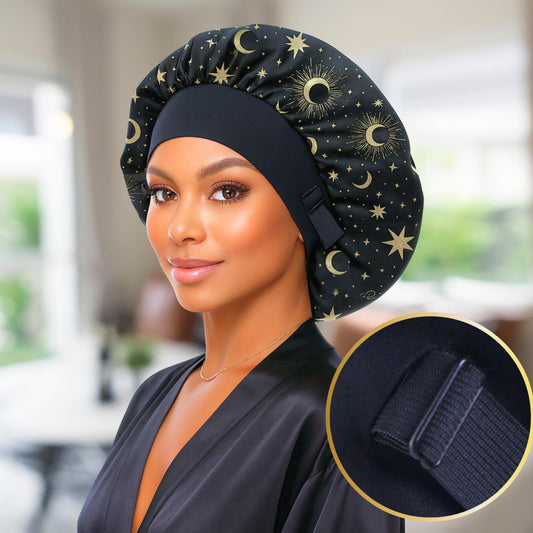 Woman wearing a black satin bonnet with celestial designs, inset showing a close-up of the strap.