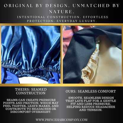 Comparison graphic showing the difference between standard seamed bonnets and Prince Hair Company's seamless design for comfort.