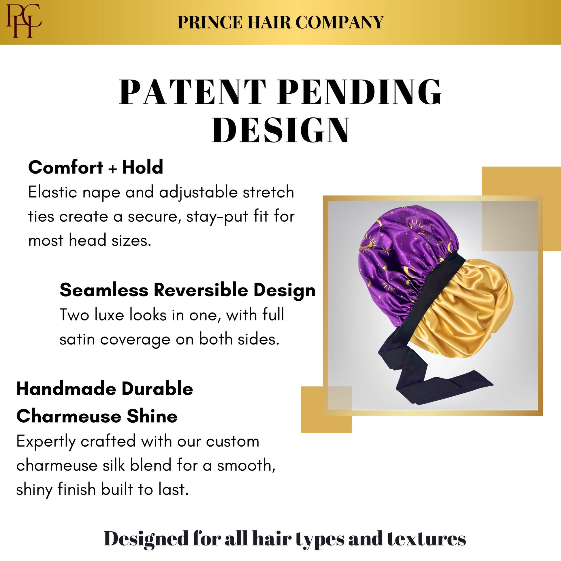 Infographic detailing the patent-pending design features including the secure elastic nape and seamless reversible construction on a purple and gold bonnet.