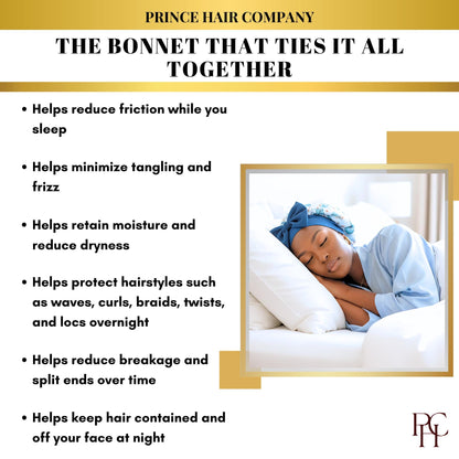 List of satin bonnet benefits for hair health including reduced friction and moisture retention, next to a photo of a woman sleeping comfortably.