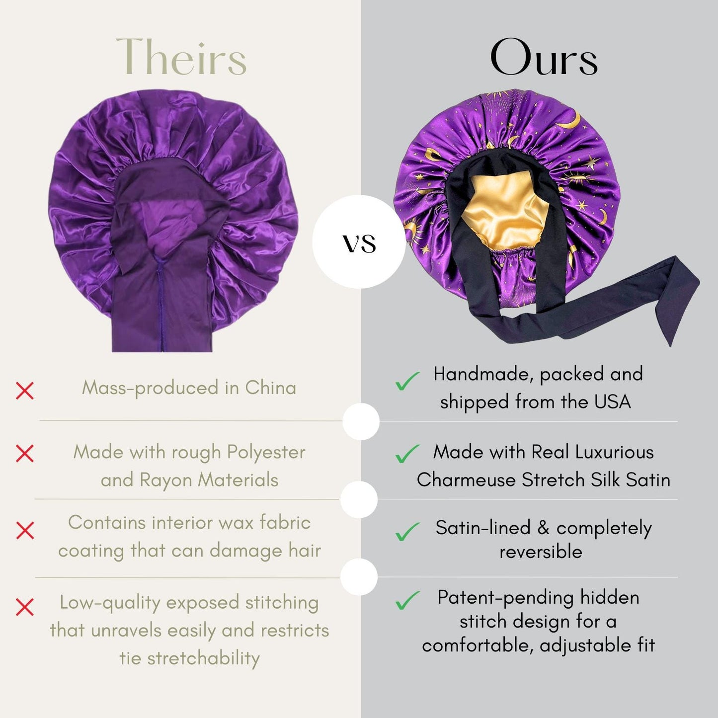 Theirs vs Ours comparison chart showing a generic purple bonnet versus a Prince Hair Company celestial print bonnet. The chart highlights PHC benefits: Handmade and shipped from the USA, made with Real Charmeuse Stretch Silk Satin, satin-lined and reversible, and features a patent-pending hidden stitch design for comfort.