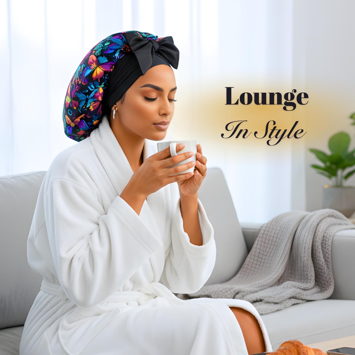 Woman in a white robe and colorful graffiti butterfly bonnet holding a mug, with 'Lounge In Style' text.