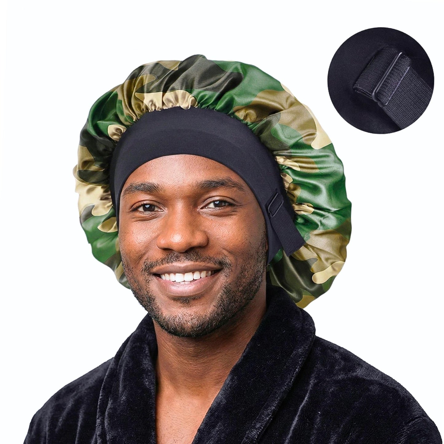 Smiling man in a black robe wearing the camo satin bonnet on a white background, with a small inset showing a close-up of the adjustable buckle strap.