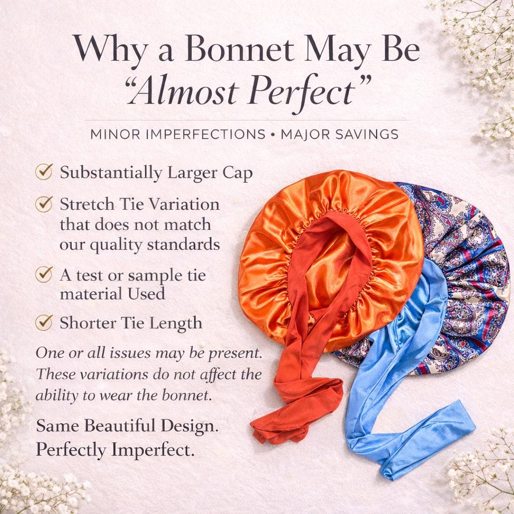 Infographic explaining why a bonnet may be “Almost Perfect,” showing satin bonnets alongside a list of possible variations such as larger cap size, tie variations, sample materials, or shorter ties.
