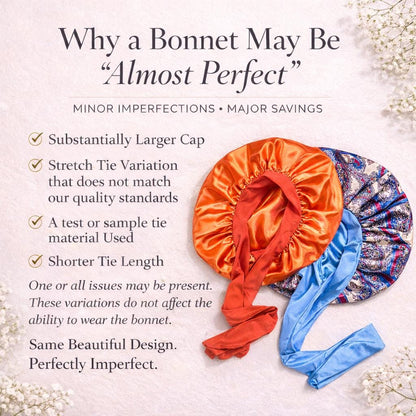 Infographic explaining why a bonnet may be “Almost Perfect,” showing satin bonnets alongside a list of possible variations such as larger cap size, tie variations, sample materials, or shorter ties.