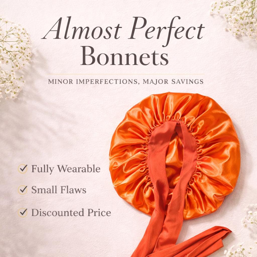 Orange satin stretch-tie bonnet displayed in a Prince Hair Company Almost Perfect sample sale graphic showing that the bonnet is wearable with minor imperfections.
