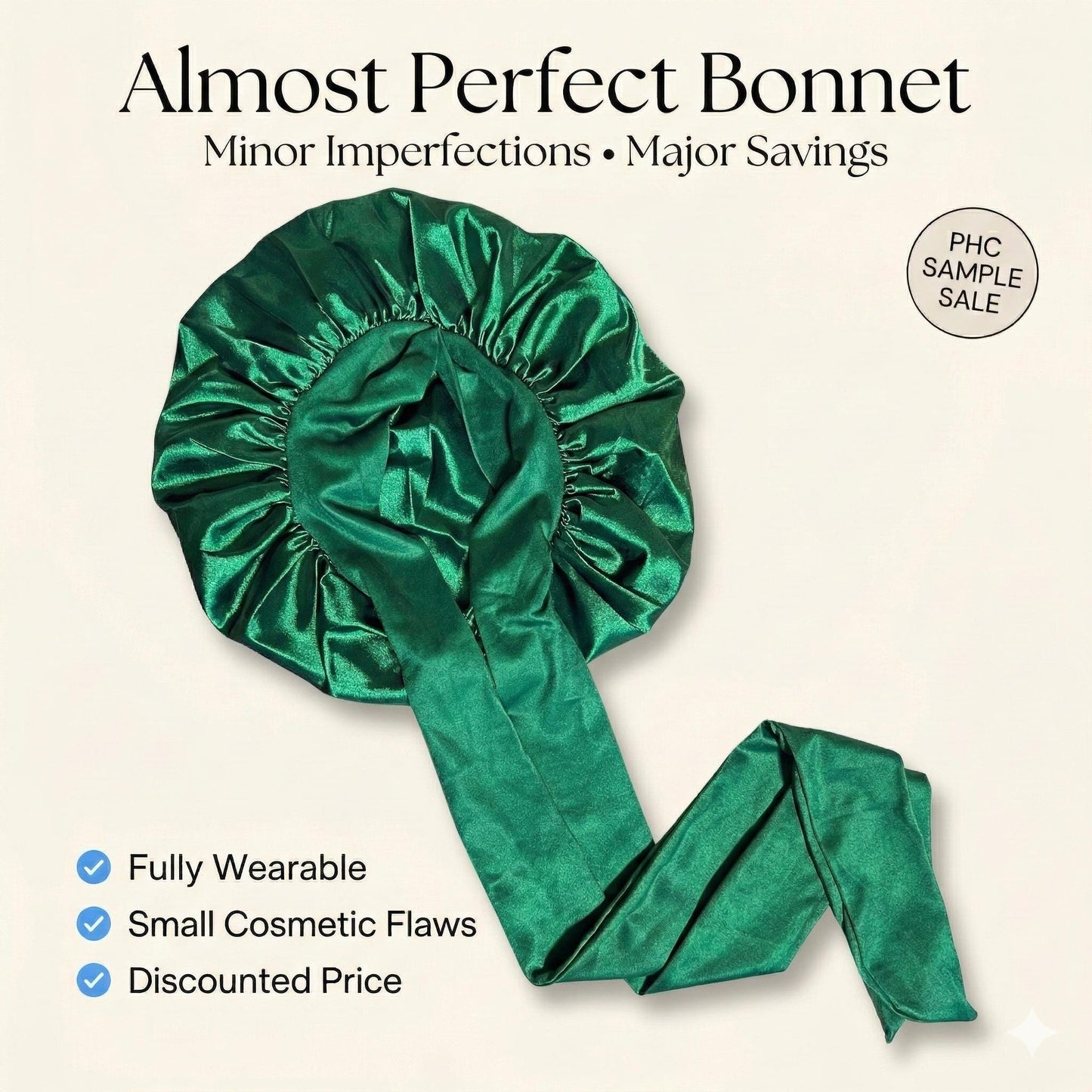 Hunter green satin stretch-tie bonnet from the Prince Hair Company Almost Perfect sample sale collection displayed with text describing small cosmetic flaws and discounted pricing.