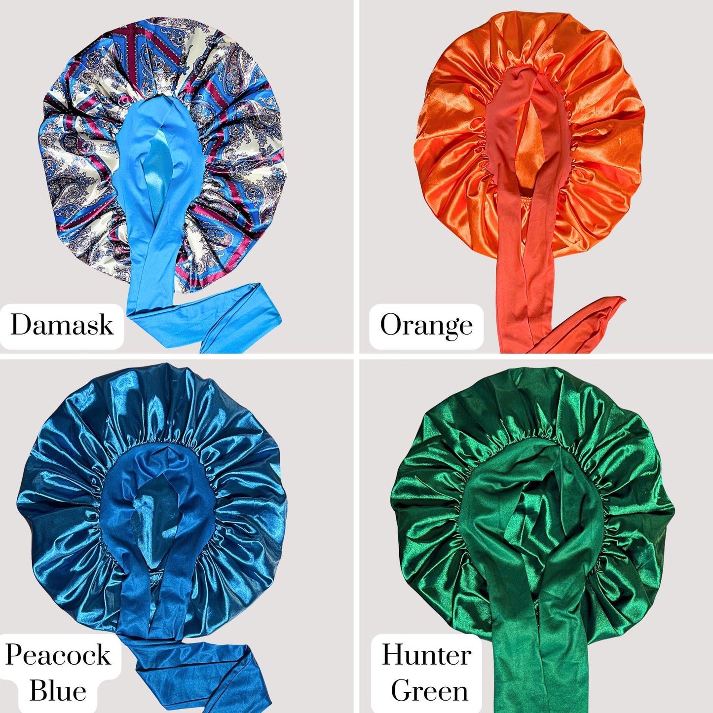 Four satin stretch-tie bonnets displayed in a grid showing Damask print with blue lining, bright orange satin, peacock blue satin, and hunter green satin from the Prince Hair Company Almost Perfect sample sale collection.