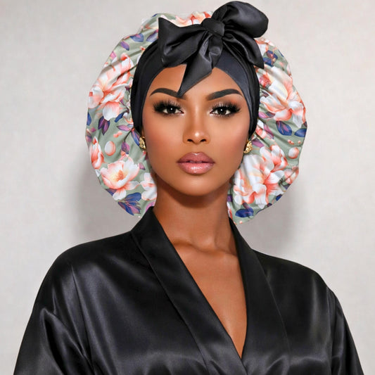 Beautiful woman wearing Prince Hair Company olive magnolia satin bonnet with black bow and modest black satin robe in studio lighting.