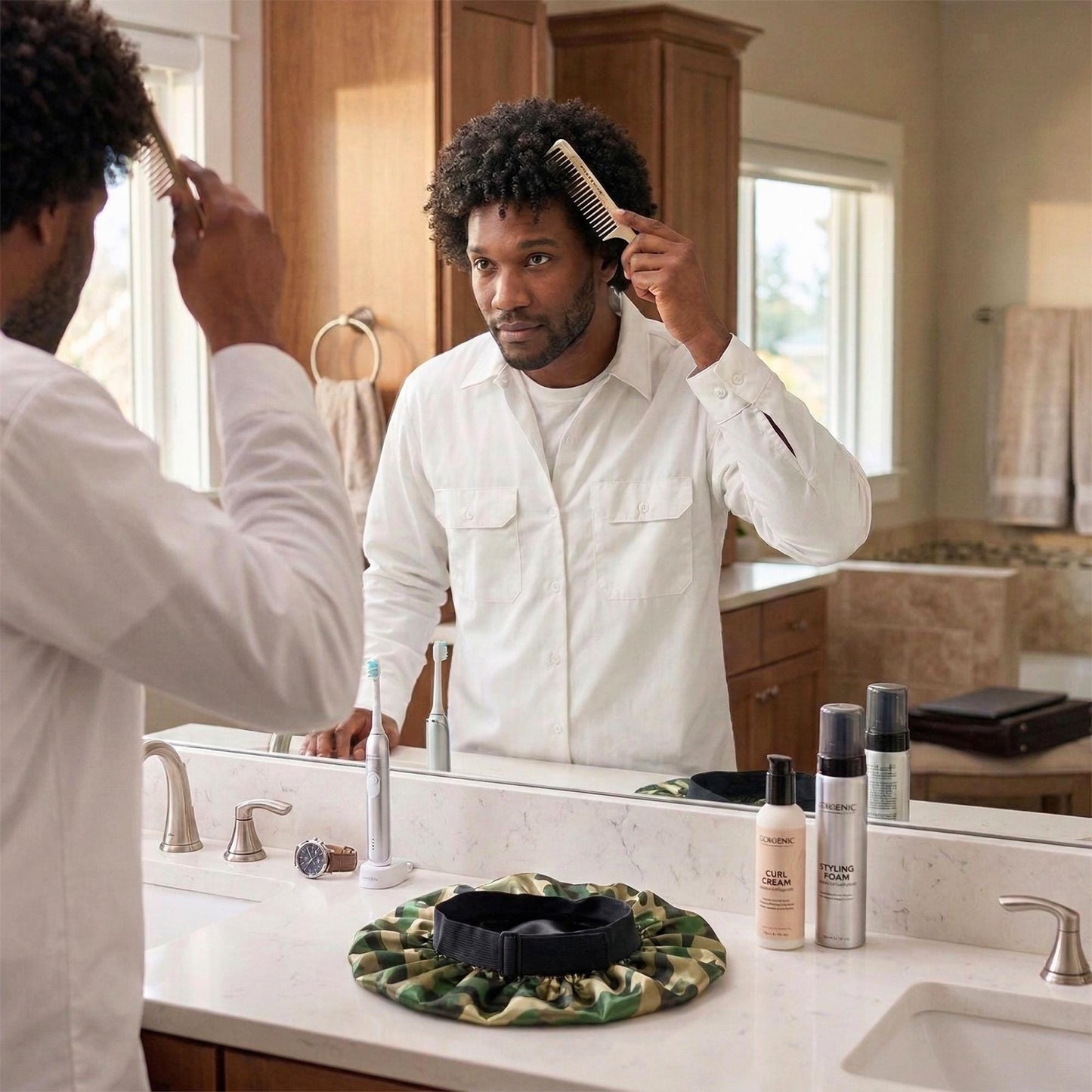 Man combing his curly hair while looking in a bathroom mirror; the camo bonnet sits on the countertop next to grooming products.